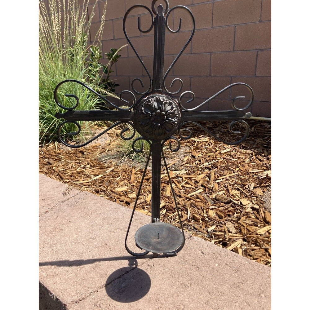 VTG Rustic Black Wrought Iron Sconce Candle Holder Wall Cross